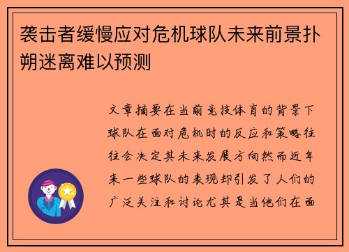 袭击者缓慢应对危机球队未来前景扑朔迷离难以预测