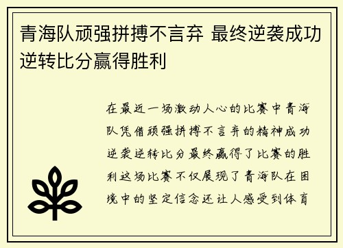 青海队顽强拼搏不言弃 最终逆袭成功逆转比分赢得胜利